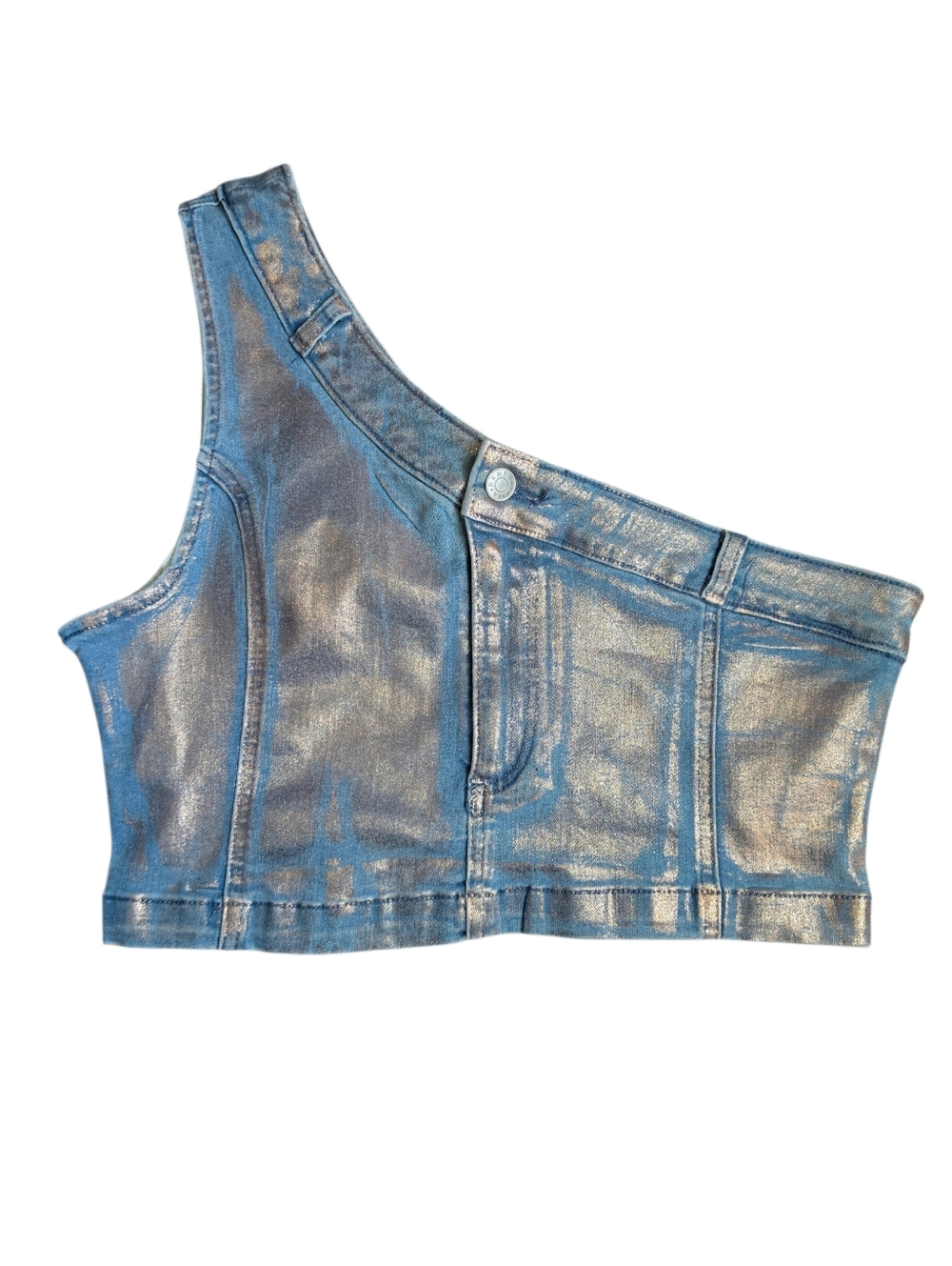 NWT Akira Divine Timing Cropped One Shoulder Metallic Denim Top Size L